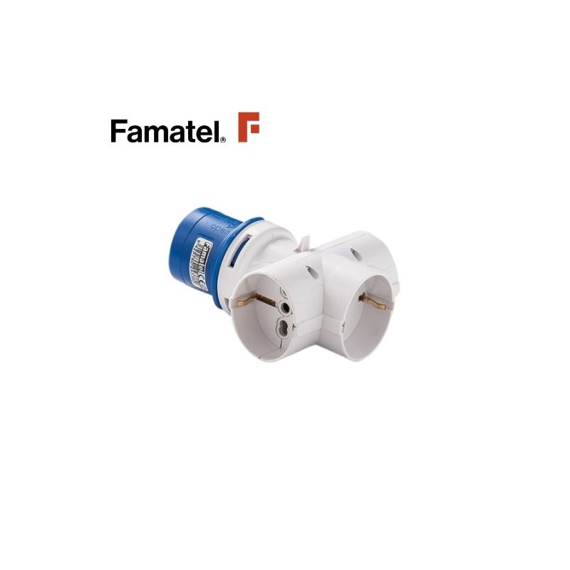 Adaptador 1 entrada clavija CETAC 2P+T a 3 salidas base Schuko 16A 250V IP20 FAMATEL