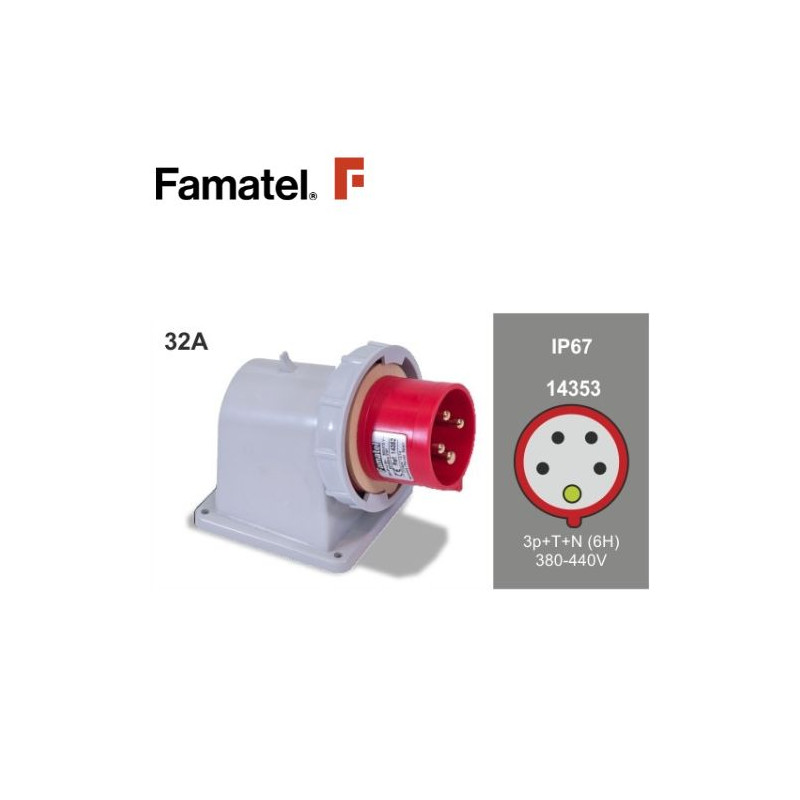 Clavija pared 90° 3P+N+T 32A 400V IP67 FAMATEL | 2