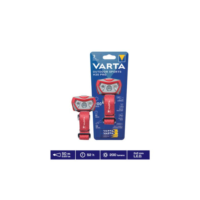 Linterna LED Outdoor Sports H20 Pro Head Light 200Lm (Funciona con 3 pilas AAA incluidas) IPX4 VARTA