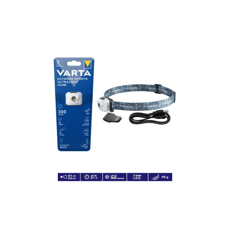 Linterna Frontal Ultralight H30R 3W 300Lm RECARGABLE Blanca VARTA