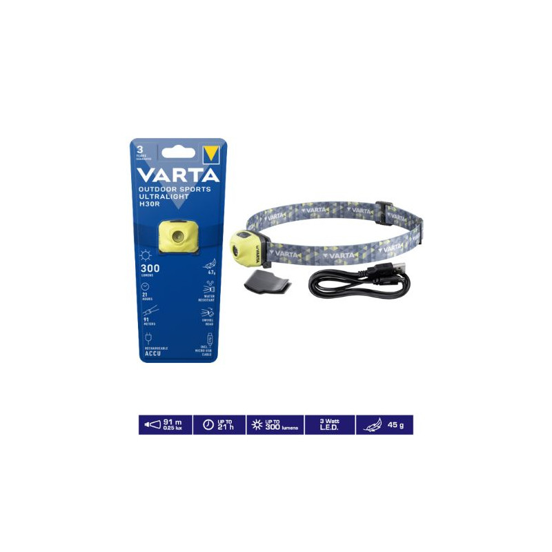 Linterna Frontal Ultralight H30R 3W 300Lm RECARGABLE Lima VARTA