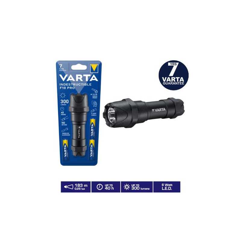 Linterna Indestructible F10 Pro LED 6W 300Lm (Funciona con 3 pilas AAA incluidas) IP67 VARTA