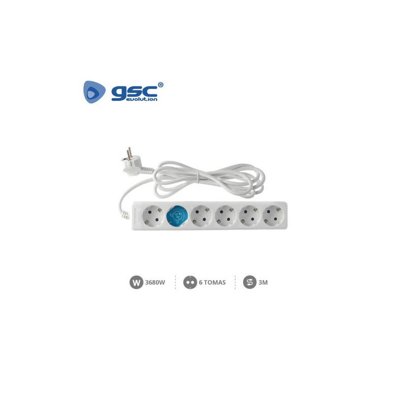 Base 6 Tomas TT 3x1,5mm 3 metros de cable Blanca (B) GSC C1/15