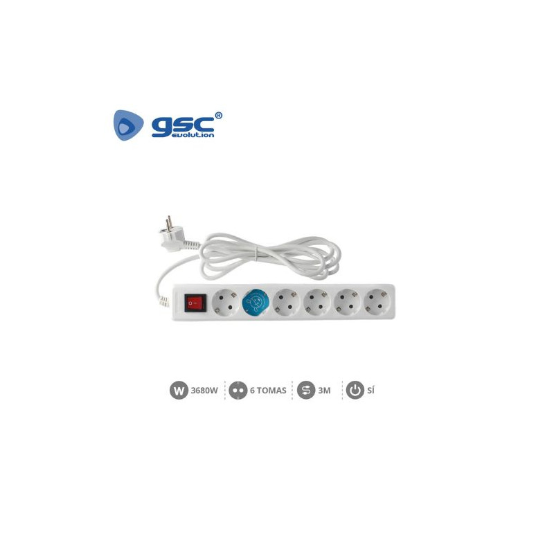 Base 6 Tomas TT 3x1,5mm 3 metros de cable con interruptor Blanca (B) GSC C1/15