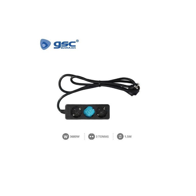 Base 3 Tomas TT 3x1,5mm 1,5 metros de cable Negro (B) GSC C1/20