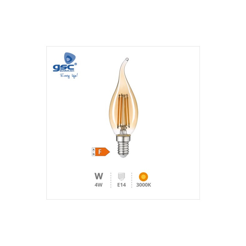 Bombilla Vela LED E14 4w 2500K 400 Lm Filamento Soplo de viento Vintage GSC C10/100