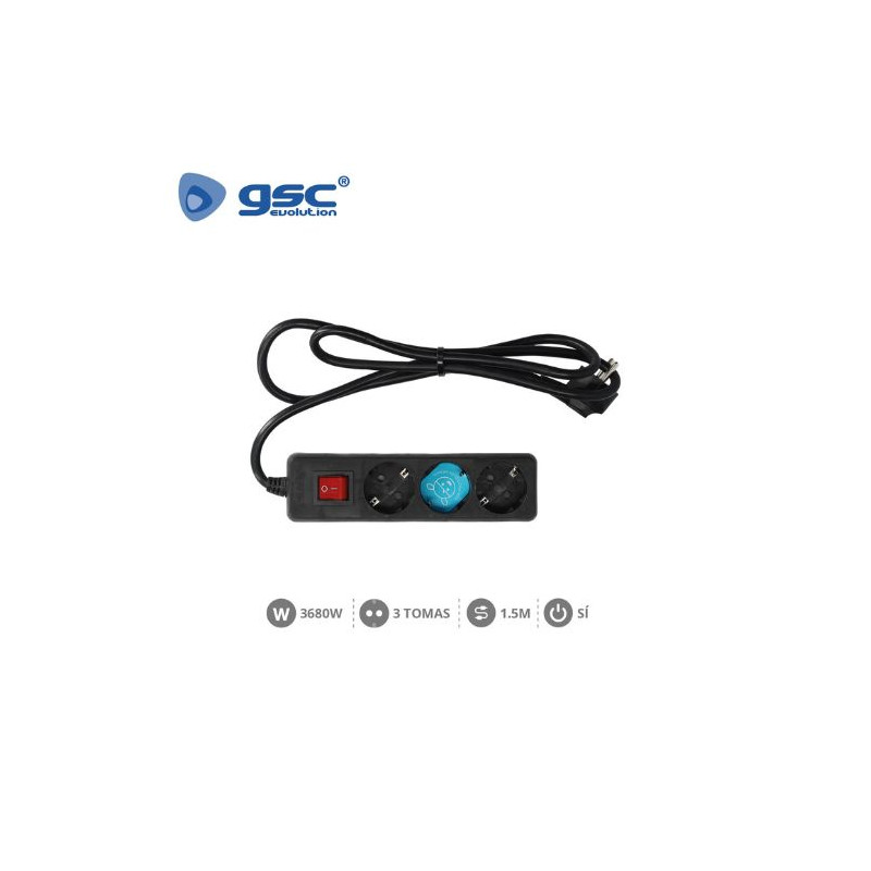 Base 3 Tomas TT 3x1,5mm 1,5 metros de cable con interruptor Negro (A) GSC C1/20