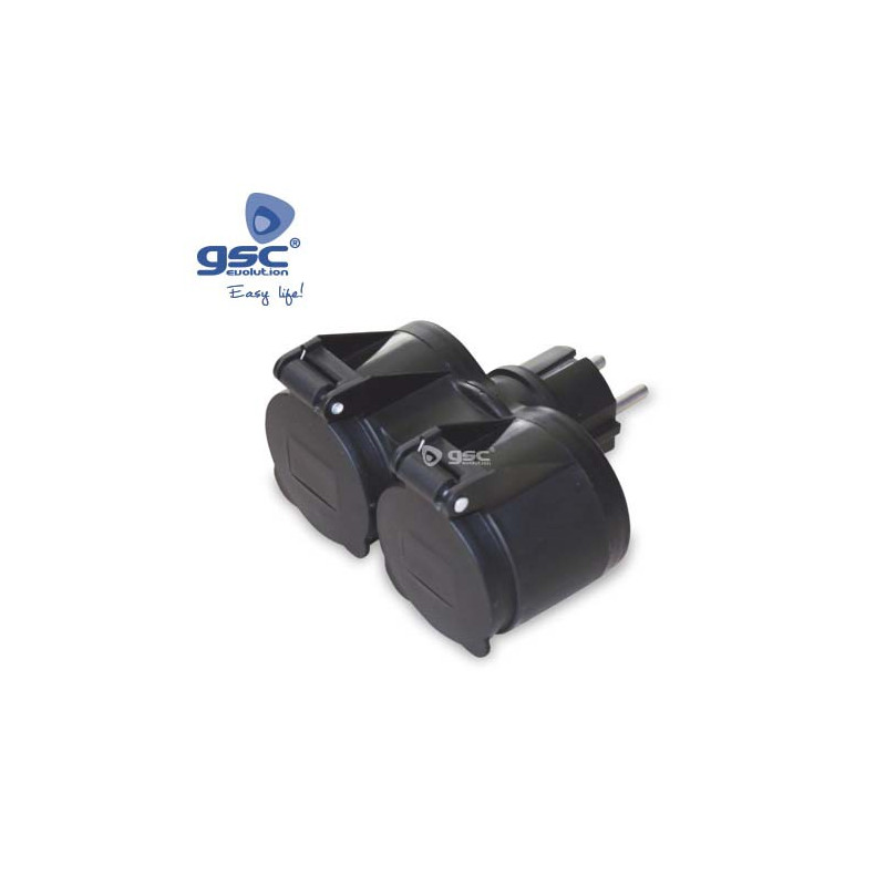 Adaptador Doble goma con tapas Negro 16A-220V IP44 GSC C1/20