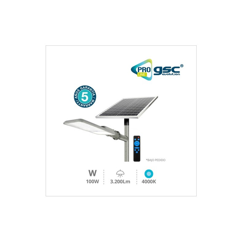 Farola solar 100W 4000K IP65 - 5 años de garantia Linea PRO ÚLTIMAS UNIDADES