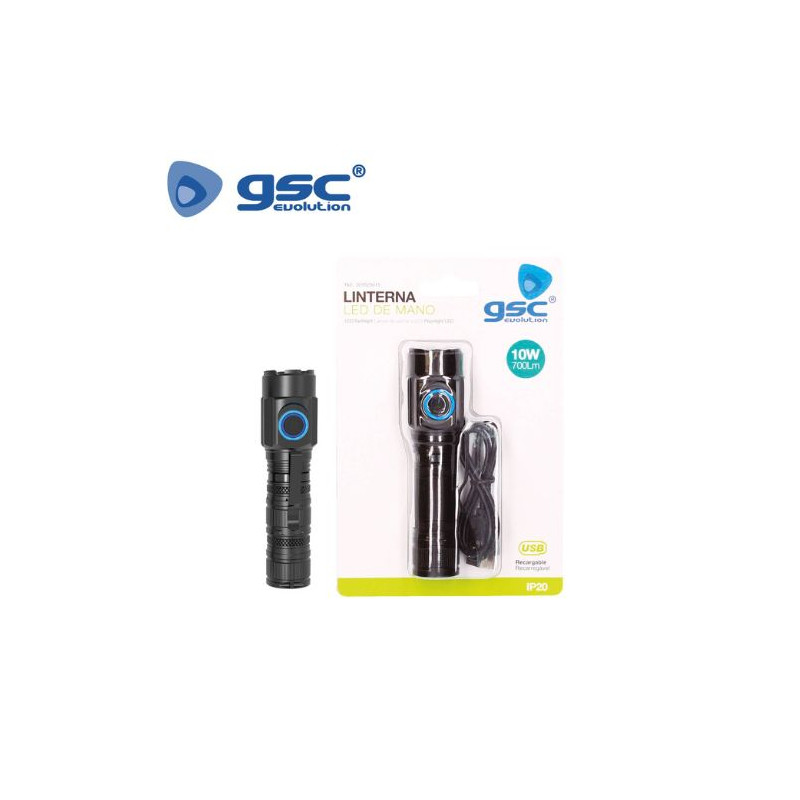 Linterna Aluminio LED RECARGABLE 10w 700Lm con cable USB Negra Blíster GSC ÚLTIMAS UNIDADES