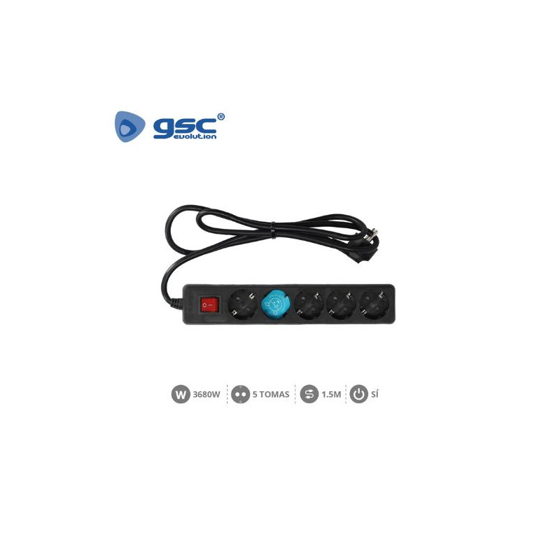 Base 5 Tomas TT 3x1,5mm 1,5 metros de cable con interruptor Negro (A) GSC C1/15