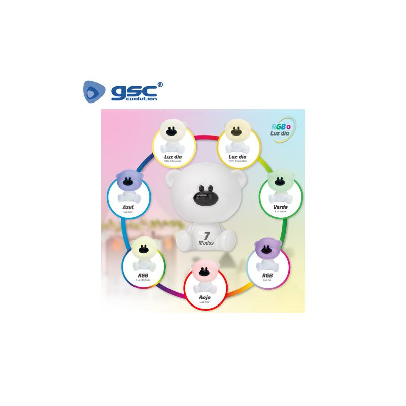 Luz de noche infantil LED Osito 2,5w RGB + luz día batería RECARGABLE Blanco GSC C1/6
