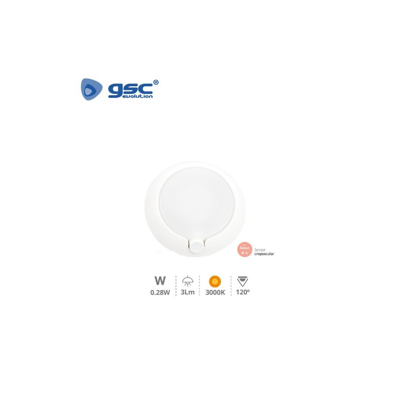 Luz de noche con botón ON/OFF + sensor crepuscular 0,28w 3000K 3Lm 220V GSC ÚLTIMAS UNIDADES