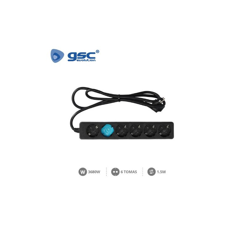 Base 6 Tomas TT 3x1,5mm 1,5 metros de cable Negro (B) GSC C1/15