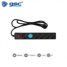 Base 6 Tomas TT 3x1,5mm 1,5 metros de cable con interruptor Negro (A) GSC C1/15