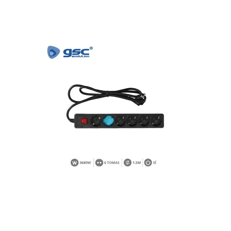 Base 6 Tomas TT 3x1,5mm 1,5 metros de cable con interruptor Negro (A) GSC C1/15