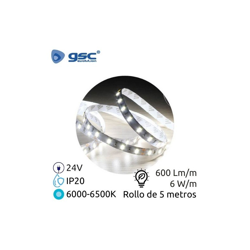 Tira LED 5m 24V 6w/m 6000-6500K 600Lm Ancho 8mm SMD 2835 IP20 GSC C1/30