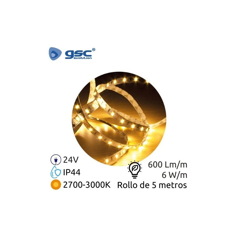 Tira LED 5m 24V 6w/m 2700-3000K 600Lm Ancho 8mm SMD 2835 IP44 GSC C1/50