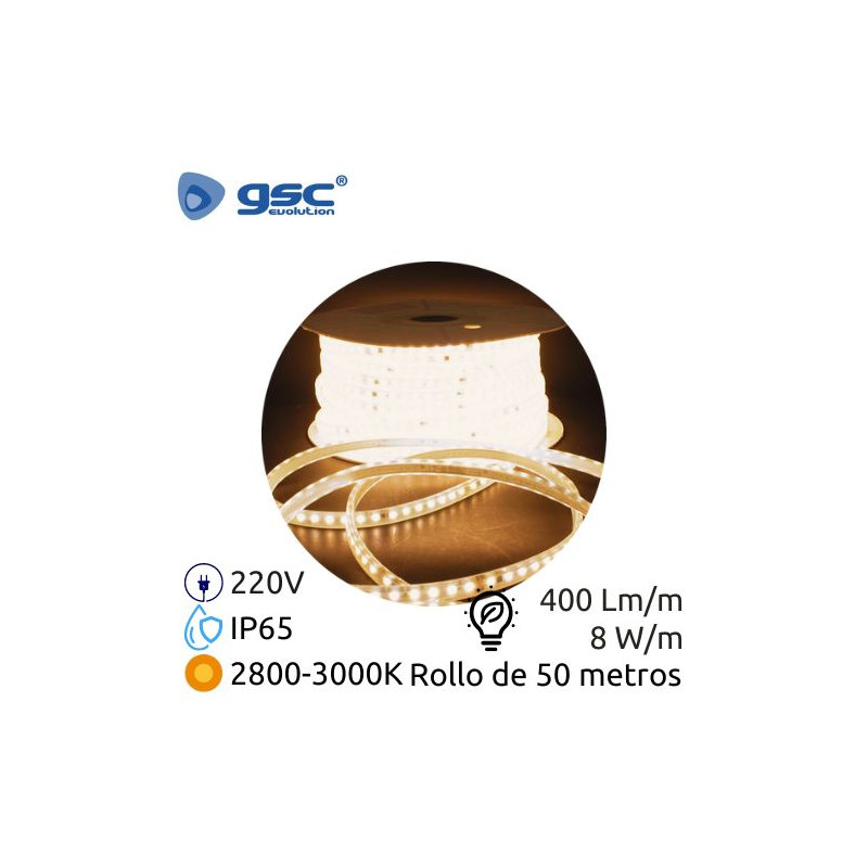 Tira LED 50m 220V 8w/m 2800-3000K 400Lm Ancho 10mm SMD 2835 IP65 GSC C1/1