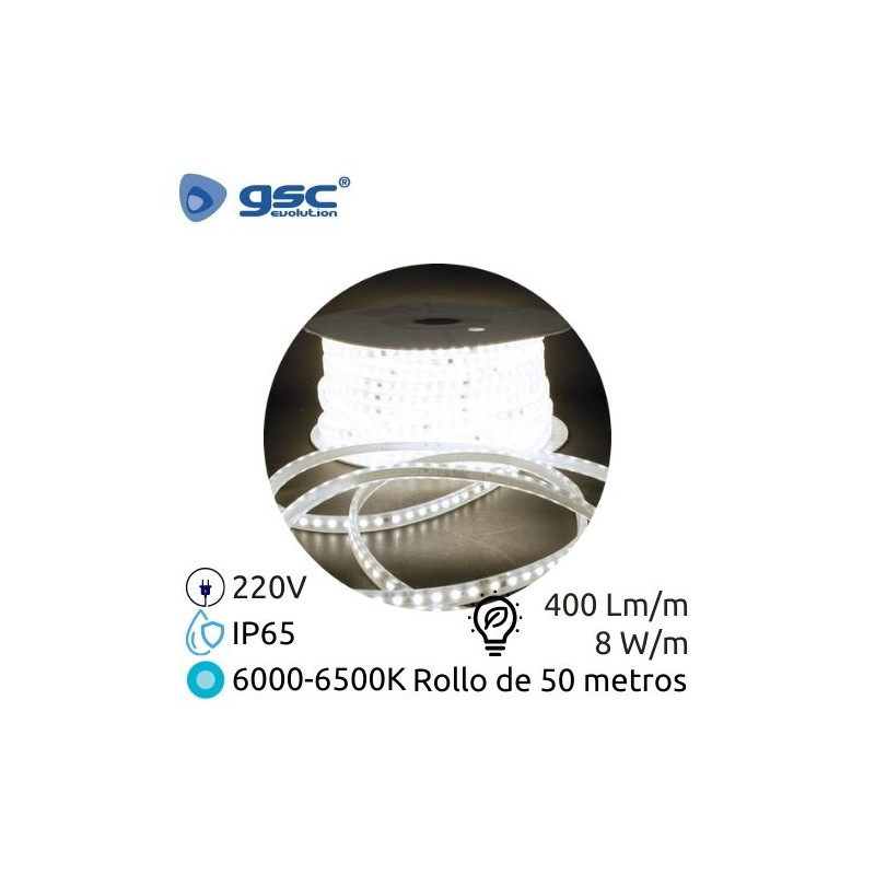 Tira LED 50m 220V 8w/m 6000-6500K 400Lm Ancho 10mm SMD 2835 IP65 GSC C1/1