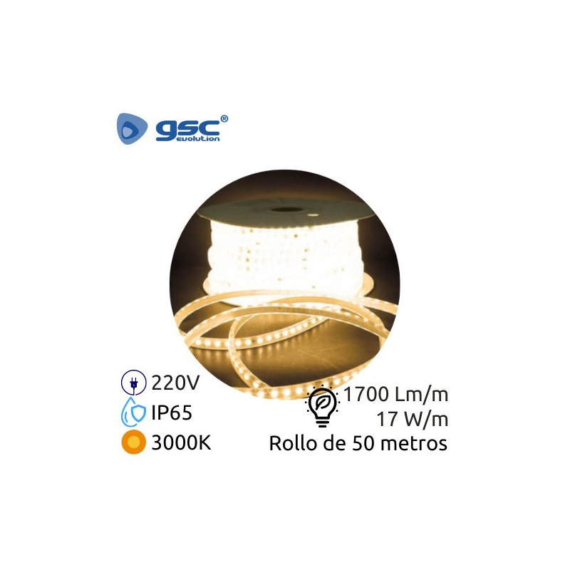 Tira LED 50m 220V 17w/m 3000K 1700Lm/m Ancho 14mm SMD 2835 PROFESIONAL IP65 GSC C1/1