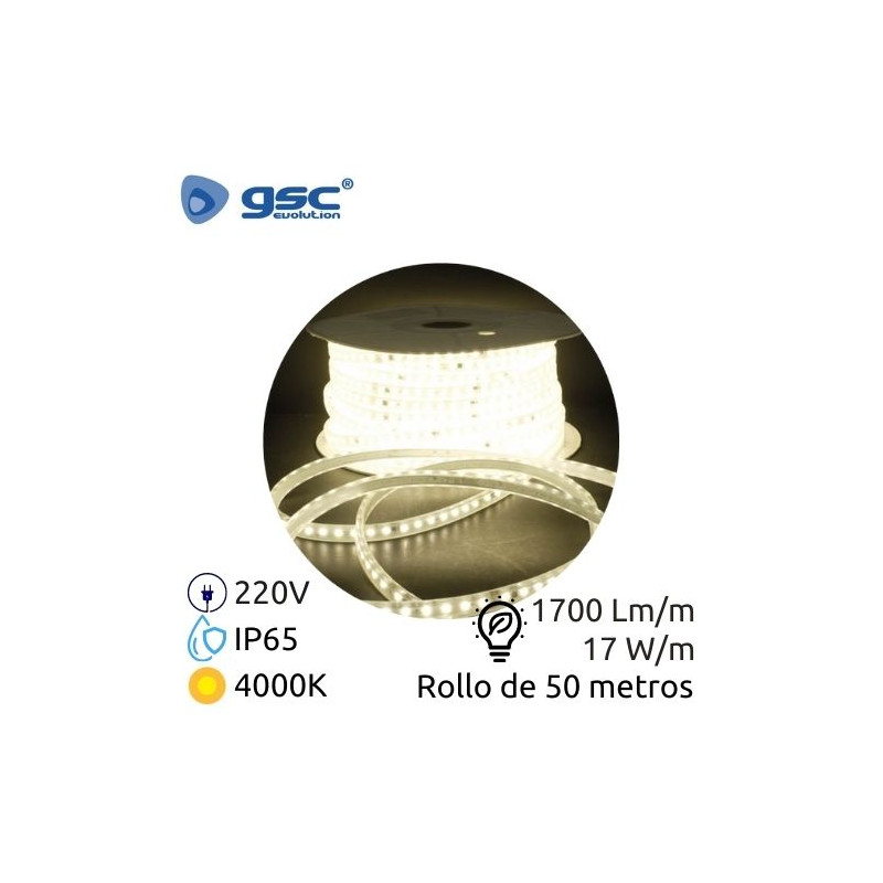 Tira LED 50m 220V 17w/m 4000K 1700Lm/m Ancho 14mm SMD 2835 PROFESIONAL IP65 GSC C1/1