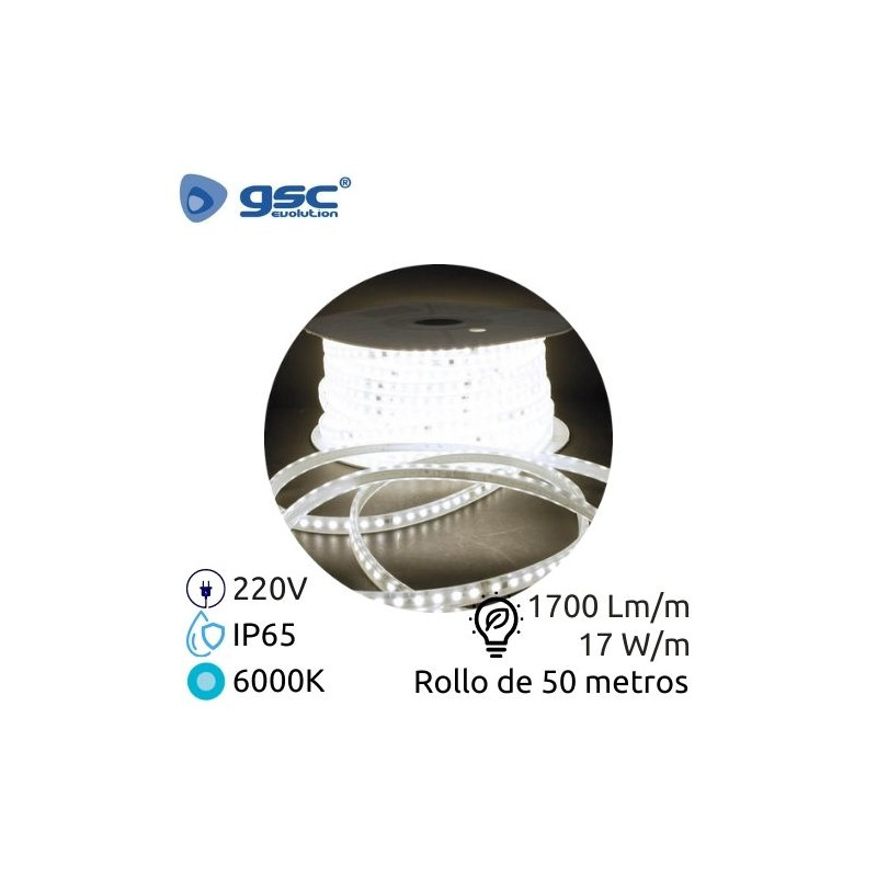 Tira LED 50m 220V 17w/m 6000K 1700Lm/m Ancho 14mm SMD 2835 PROFESIONAL IP65 GSC C1/1