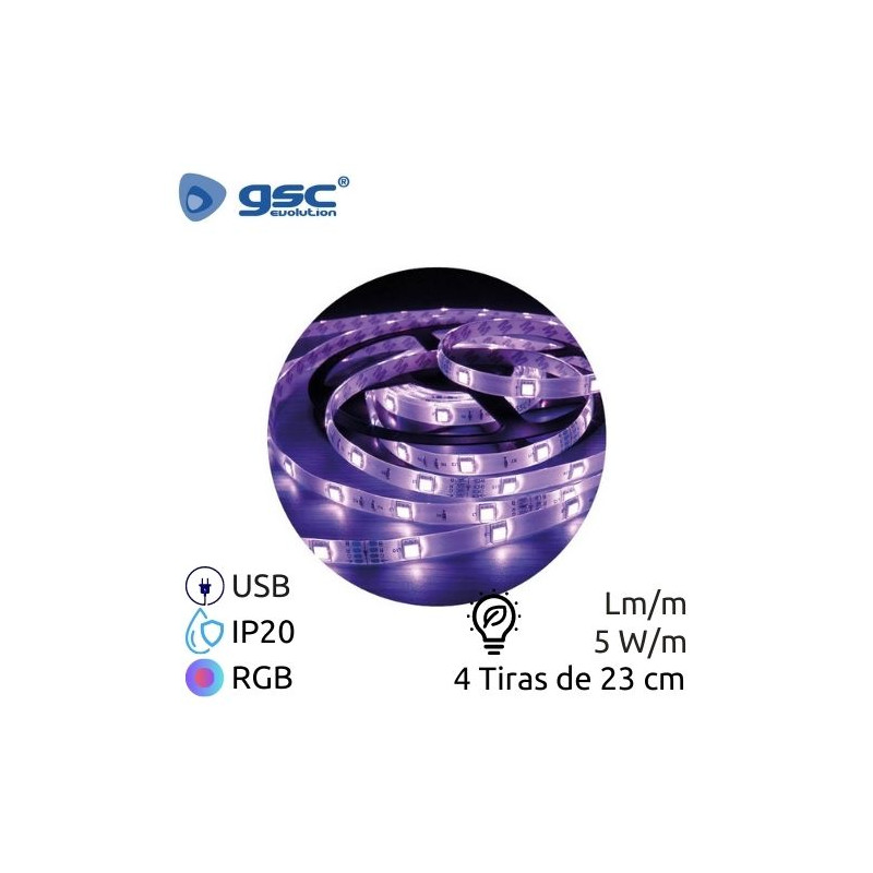 Kit tira LED 4 tira 230mm 5w 12 Leds RGB Ancho 13mm Inteligente para Coche USB 5V GSC C1/40