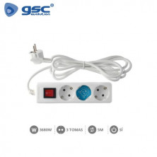 Base 3 Tomas TT 3x1,5mm 5 metros de cable con interruptor Blanca (B) GSC C1/20