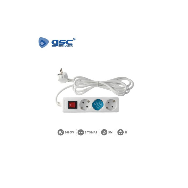 Base 3 Tomas TT 3x1,5mm 5 metros de cable con interruptor Blanca (B) GSC C1/20
