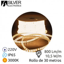 Tira LED 50m 220V 10,5w/m 3000K 800Lm Ancho 14mm (Incluye cable de alimentación) IP65 SILVER