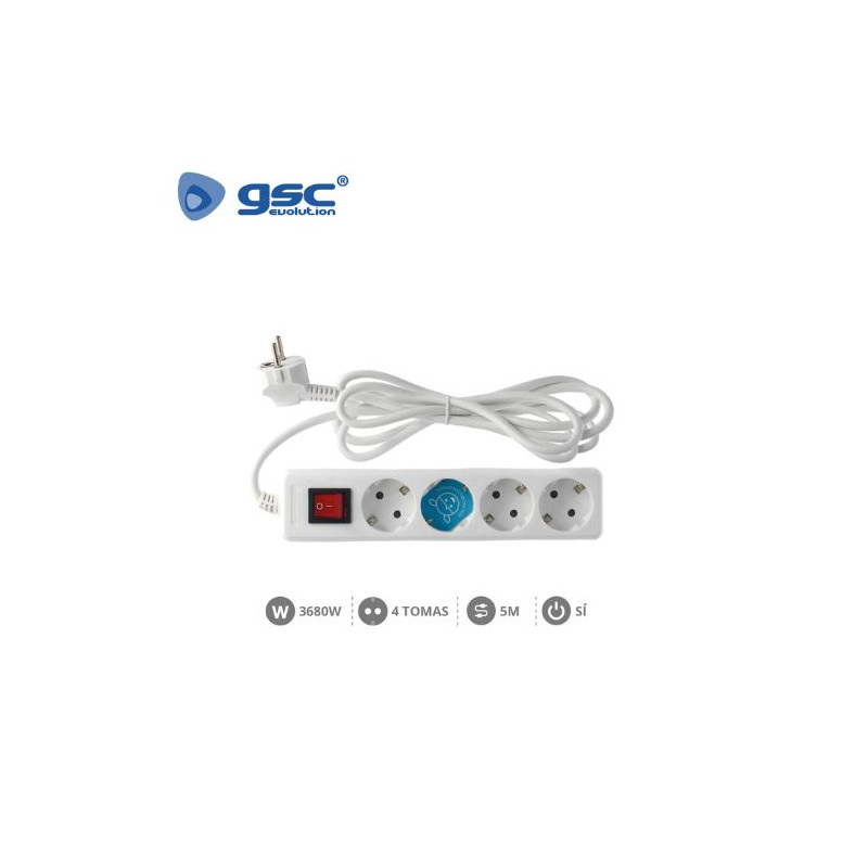 Base 4 Tomas TT 3x1,5mm 5 metros de cable con interruptor Blanca (B) GSC C1/15