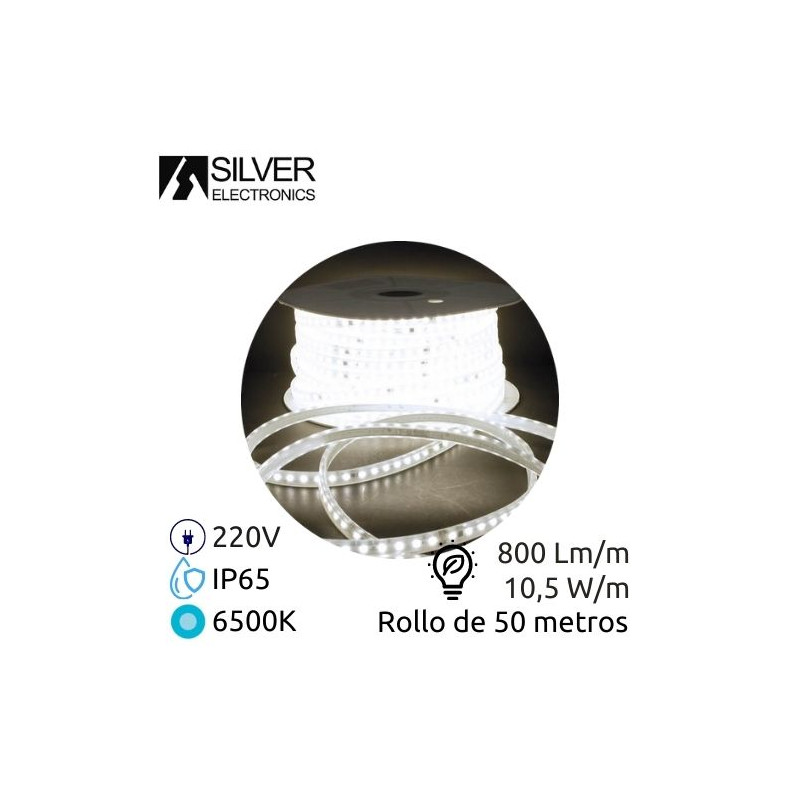 Tira LED 50m 220V 10,5w/m 6500K 800Lm Ancho 14mm (Incluye cable de alimentación) IP65 SILVER