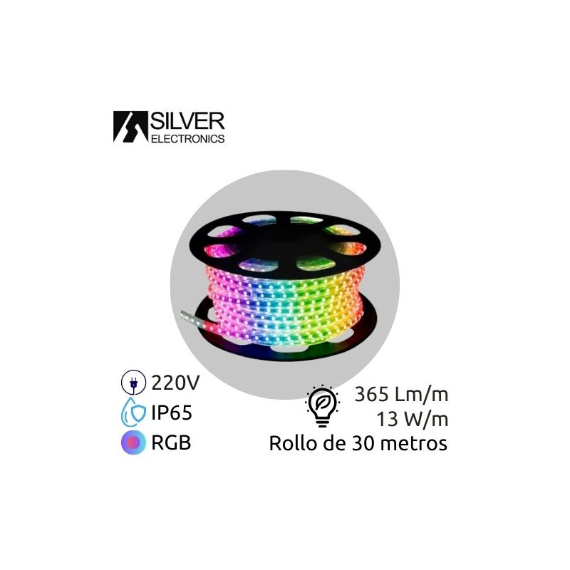 Tira LED 30m 230V 13w/m RGB 365Lm Ancho 10mm Serie PROFESIONAL IP65 SILVER