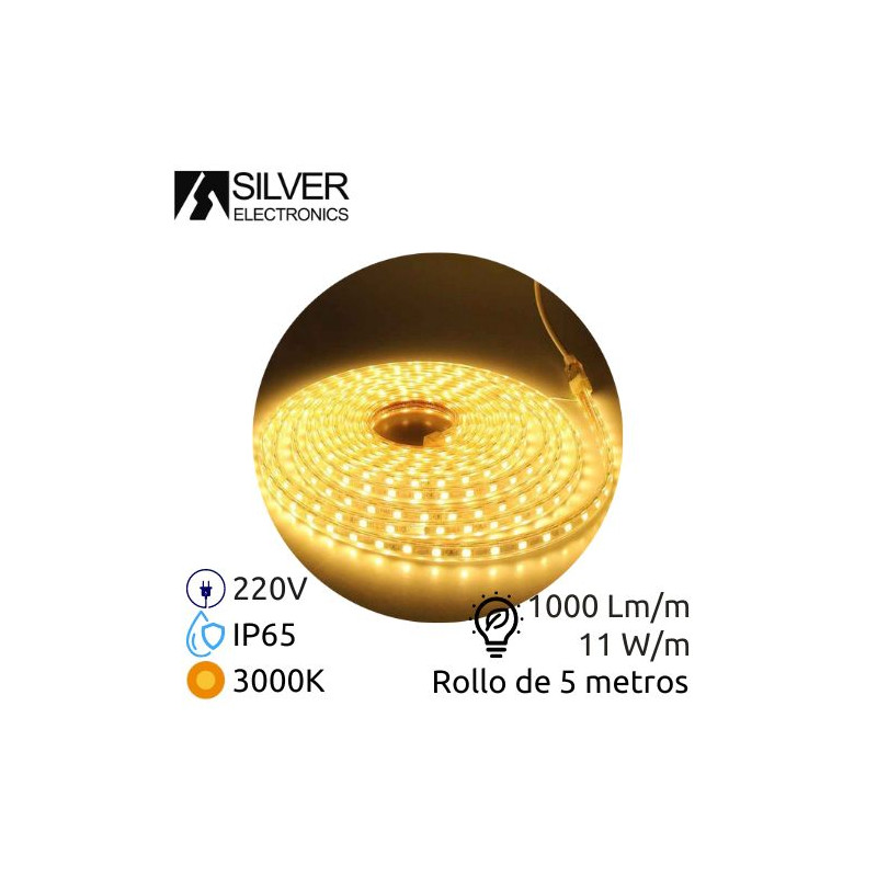 Kit tira LED 5m 220V 11w/m 3000K 1000Lm Ancho 12mm Cable de alimentación incluido IP65 PRO SILVER C1