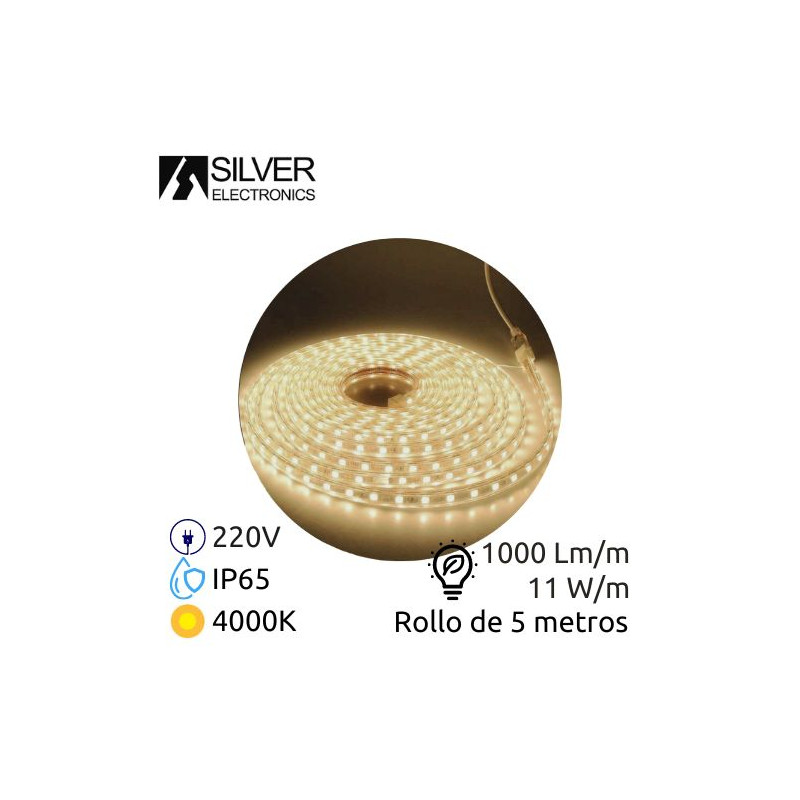 Kit tira LED 5m 220V 11w/m 4000K 1000Lm Ancho 12mm Cable de alimentación incluido IP65 PRO SILVER C1
