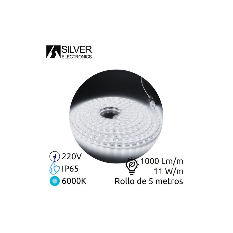 Kit tira LED 5m 220V 11w/m 6000K 1000Lm Ancho 12mm Cable de alimentación incluido IP65 PRO SILVER C1