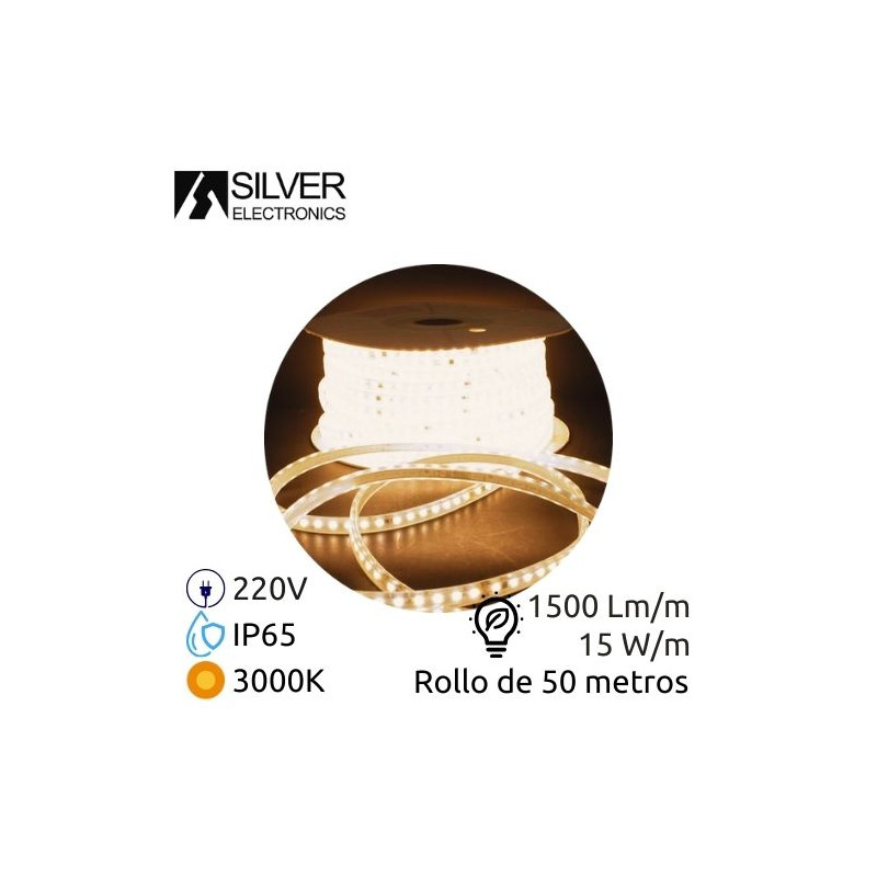Tira LED PRO 220V 50m 15w/m 3000K 1500Lm Ancho 12mm Serie PROFESIONAL IP65 SILVER