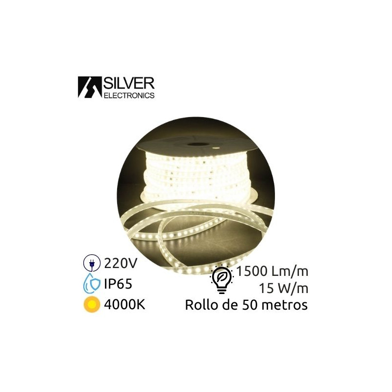 Tira LED PRO 220V 50m 15w/m 4000K 1500Lm Ancho 12mm (Incluye un cable de alimentación) IP65 SILVER C