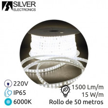 Tira LED PRO 220V 50m 15w/m 6000K 1500Lm Ancho 12mm (Incluye un cable de alimentación) IP65 SILVER C