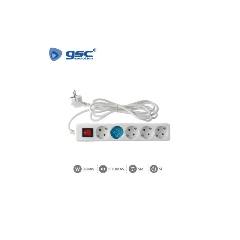 Base 5 Tomas TT 3x1,5mm 5 metros de cable con interruptor Blanca (B) GSC C1/15