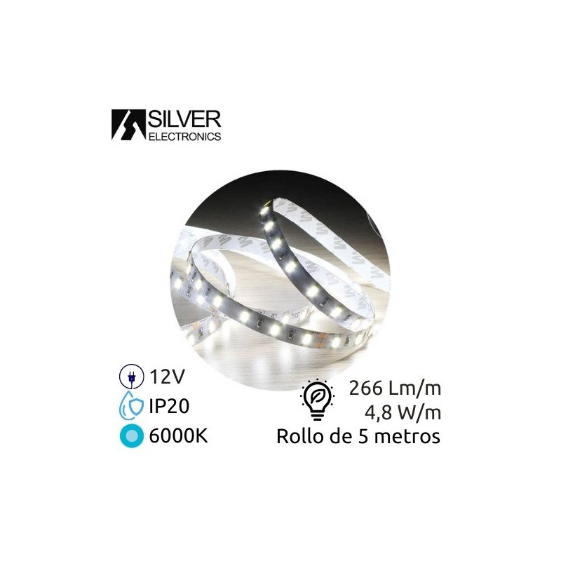 Tira LED 5m 12V 4,8w/m 6000K 266Lm Ancho 8mm SMD 3528 IP20 SILVER C1