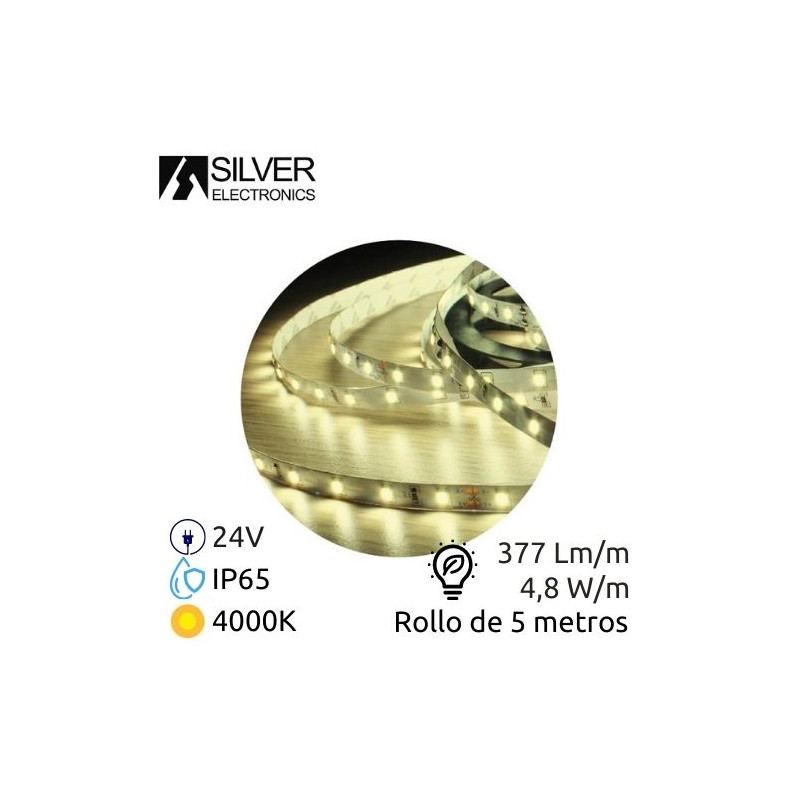 Tira LED 5m 12V 4,8w/m 4000K 377Lm Ancho 8mm SMD 3528 IP65 SILVER