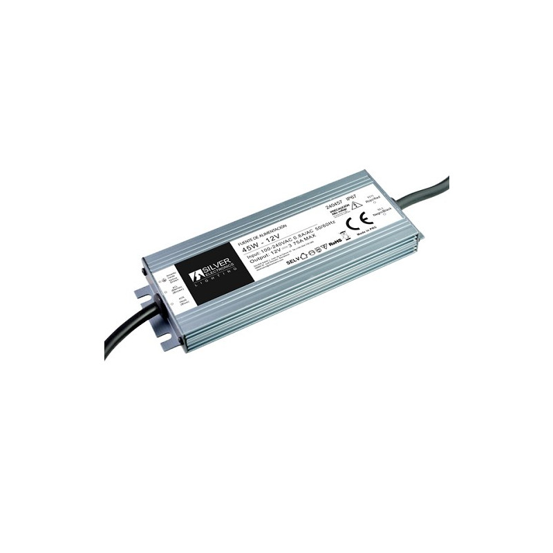 Fuente de alimentación para Tira de LED 12V 45w 3,75A IP67 SILVER