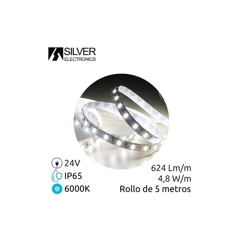 Tira LED 5m 24V 4,8w/m 6000K 624Lm Ancho 8mm IP65 SILVER C1