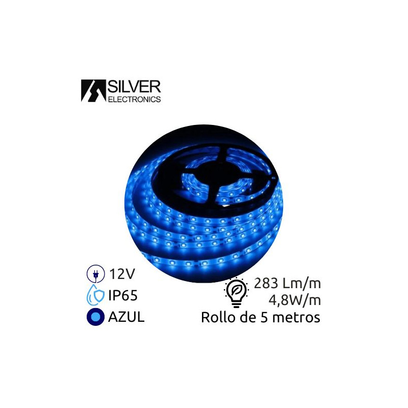 Tira LED 5m 12V 4,8w/m Azul 283Lm Ancho 8mm SMD 3528 IP65 SILVER C1