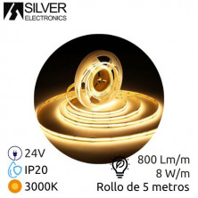 Tira LED 5m 24V 8w/m 3000K 800Lm Ancho 8mm IP20 COB SILVER C1 UUS