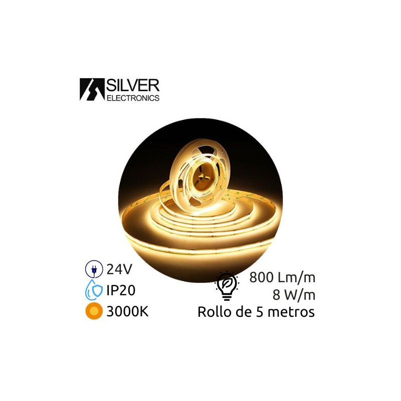Tira LED 5m 24V 8w/m 3000K 800Lm Ancho 8mm IP20 COB SILVER C1 UUS