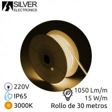 Tira LED COB 220V 30m 15w/m 3000K 1050lm Ancho 12mm (Incluye un cable de alimentación) IP65 SILVER C