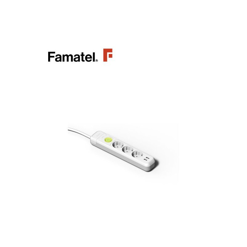Base 3 Tomas TT 3x1,5mm 1,5 metros de cable con interruptor + 2 USB (A) FAMATEL